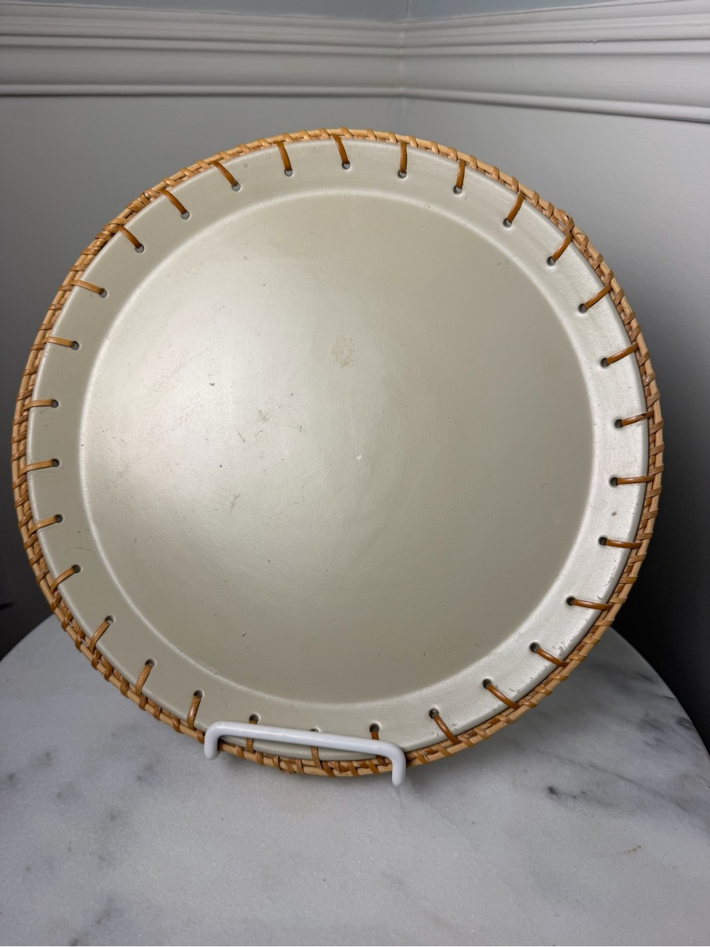 Vintage Rattan Wicker & Cream Metal Round Serving Tray